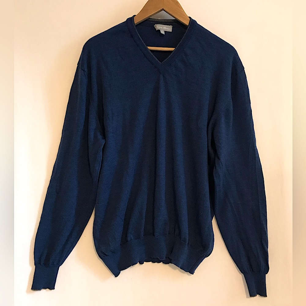 Men's 100% Merino Wool V Neck Sweater XL Dark Navy Blue Marl Long Sleeve Italy